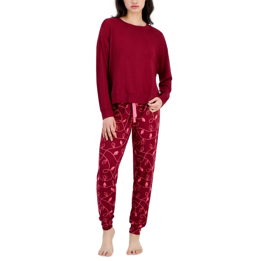Jenni Women S Long-Sleeve Pajamas Set 2 Piece -‎ Burgundy Lights - Size XL